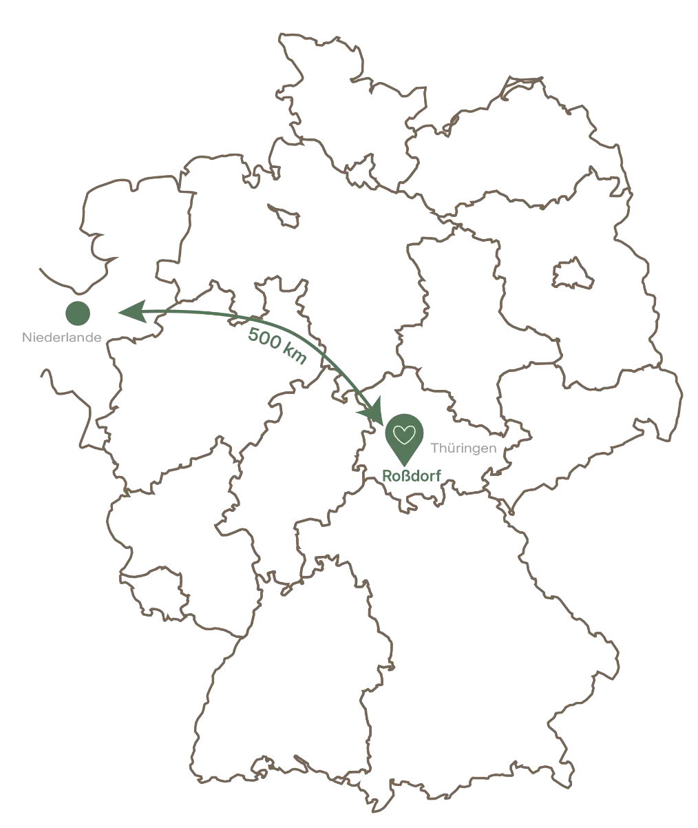 Karte von Deutschland mit markierter Route von den Niederlanden nach Roßdorf in der Thüringischen Rhön zum Ferienwohnungen und Campingplatz Schloß Roßdorf