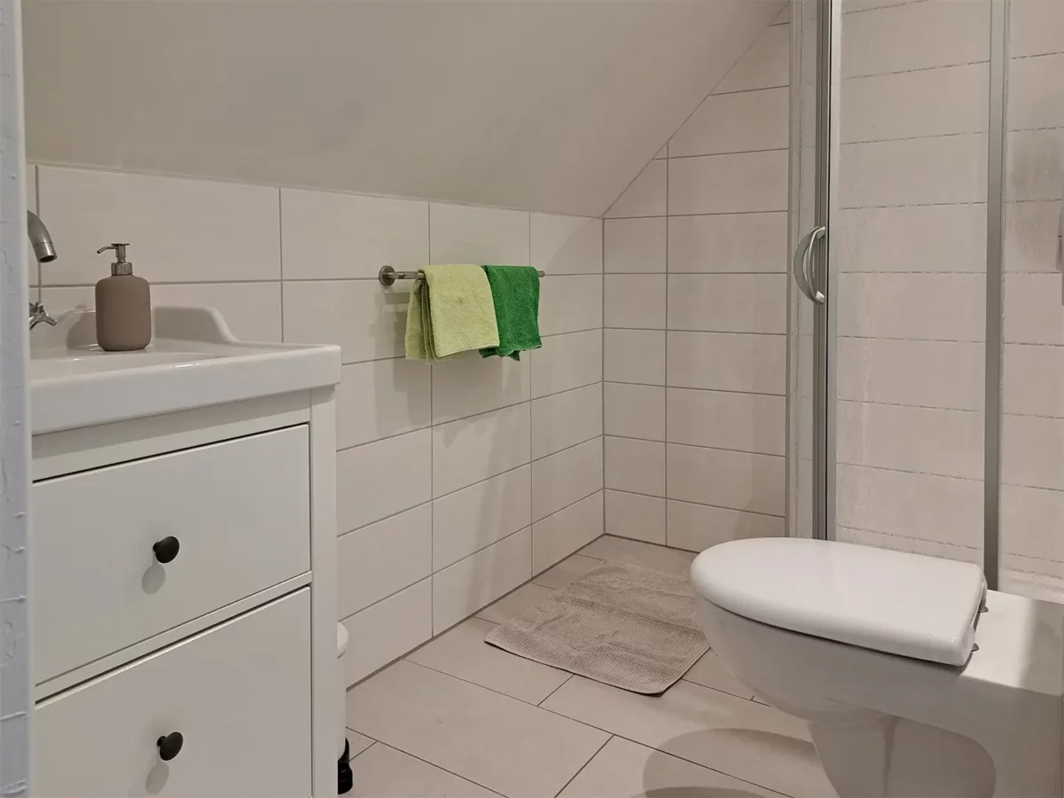 Modernes Badezimmer der Ferienwohnung von Berlepsch im Schloß Roßdorf mit Dusche, Waschbecken und WC
