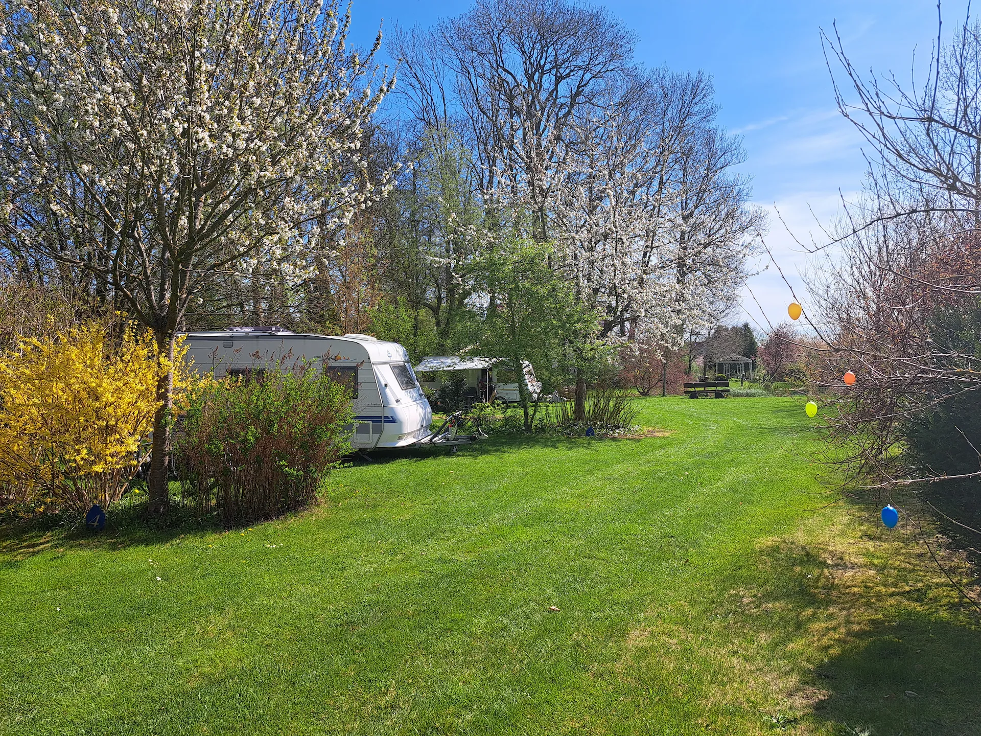Grüner Campingplatz am Schloß Roßdorf mit Wohnwagen, gepflegter Wiese und blühenden Bäumen in ruhiger Umgebung