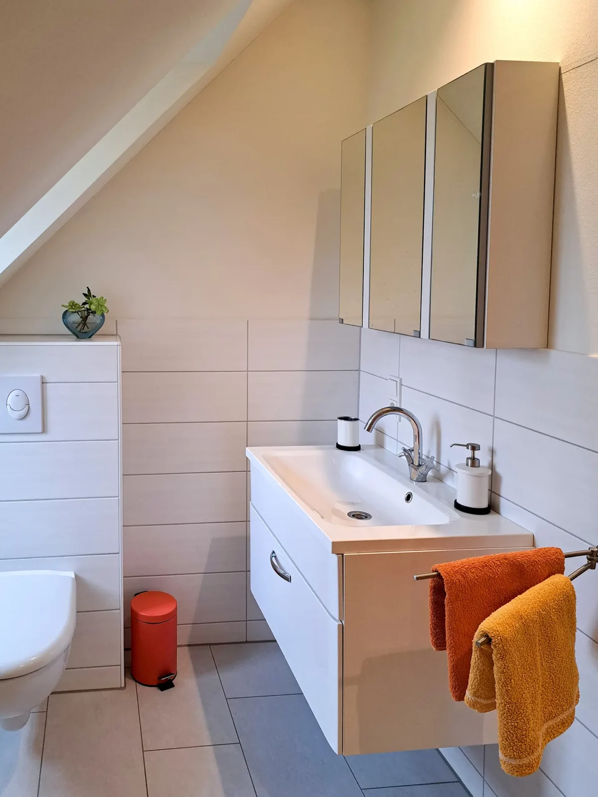 Modernes Badezimmer der Ferienwohnung von Eschwege im Schloß Roßdorf mit Waschbecken, Spiegelschrank und WC