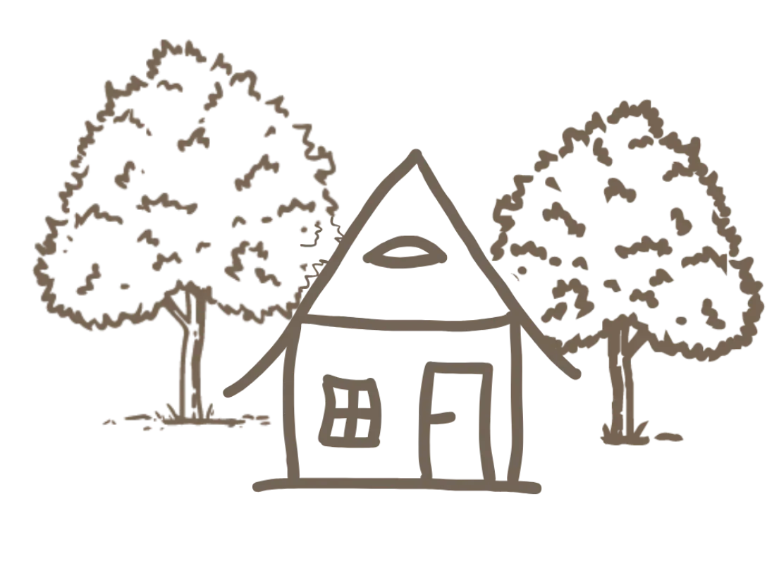 Grafische Illustration einer Trekkinghütte mit Bäumen für die Seite der Trekkinghütte am Schloß Roßdorf