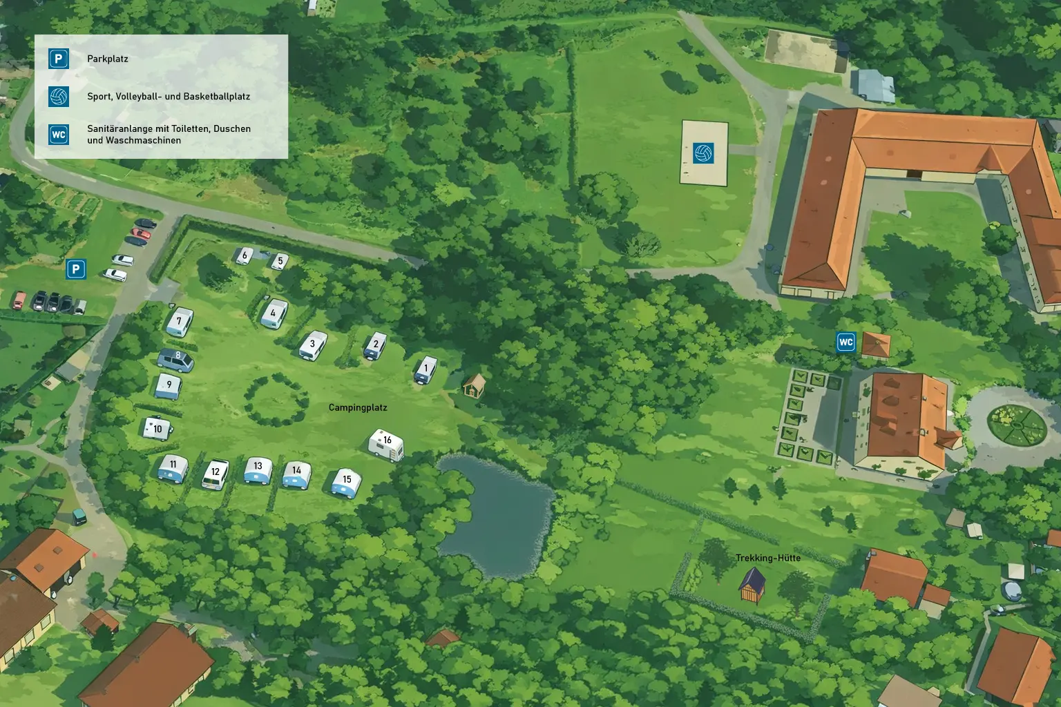 Lageplan von Schloß Roßdorf mit Campingplatz und Trekkinghütte Lageplan des Geländes von Schloß Roßdorf mit Schloss, Ferienwohnungen, Campingplatz, Trekkinghütte, Sanitärgebäude, Parkplatz und Sportfläche